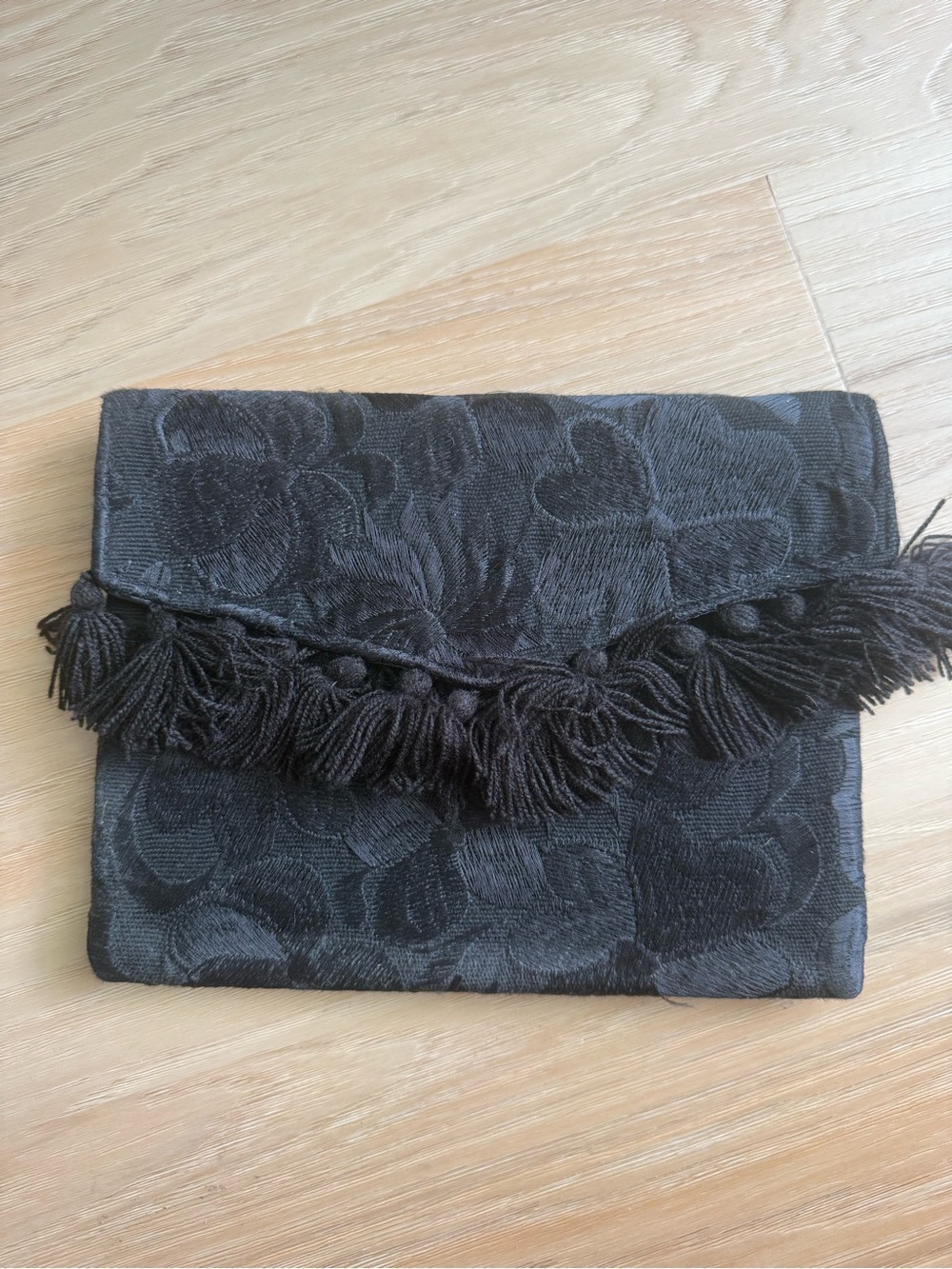 Black Boho Floral Tassel Clutch with strap